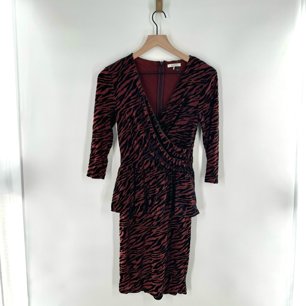 GANNI Adrian Velvet Zebra Print Peplum Dress Size 4
